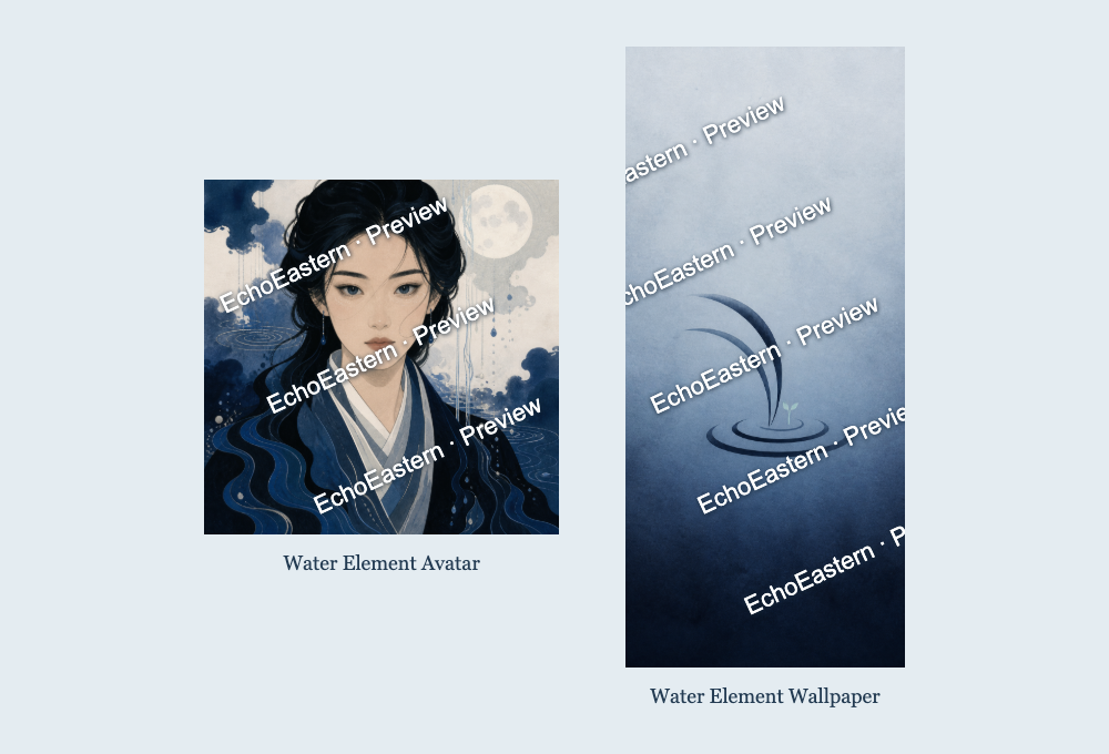 Water-inspired illustrated avatar and a blue minimalist phone wallpaper, shown with preview watermarks
